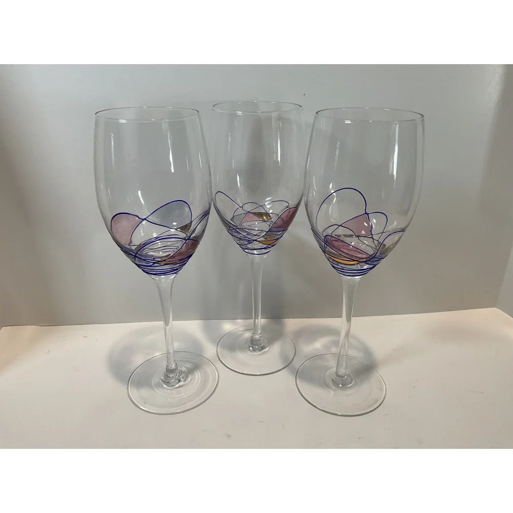 Set‎ of 3 Art Glass Wine Glasses Swirl Design Pink Blue Accent